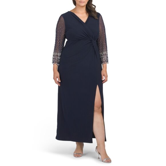 ALEX EVENINGS Dark Navy Plus Embellished Sleeve Maxi Dress - Picture 1 of 2